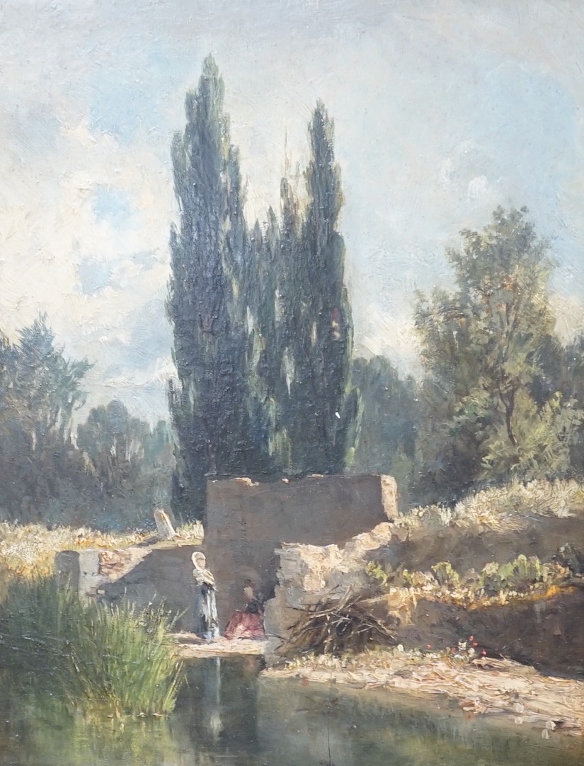 19th century Italian School, oil on wooden panel, River landscape with standing figure, monogrammed JT, 30 x 23cm